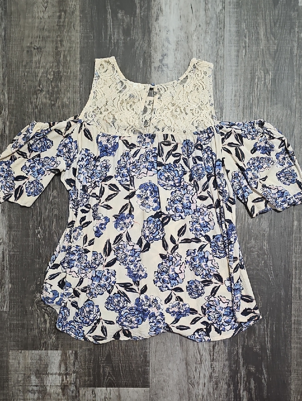Shyanne Cream Cold-Shoulder Top with Blue Floral Print and Lace Yoke - Picture 3 of 8